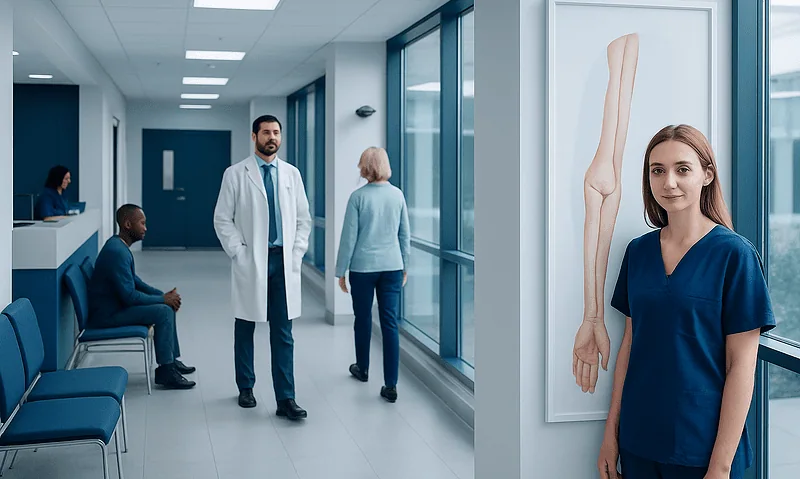 Medical professionals and patients in a hospital corridor with an arm anatomy poster.