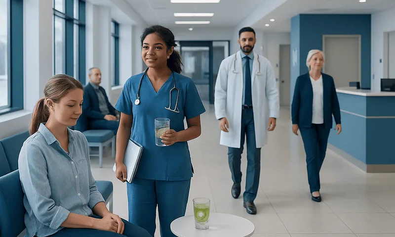 Healthcare professionals and patient in a modern hospital corridor.
