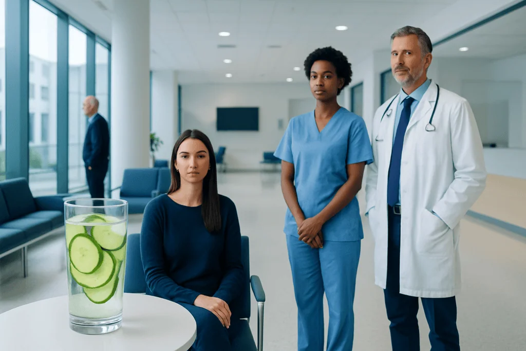 Cucumber Water: An Evidence-Based Guide for Patients 1 Patient in hospital waiting area with medical staff and cucumber water on table.