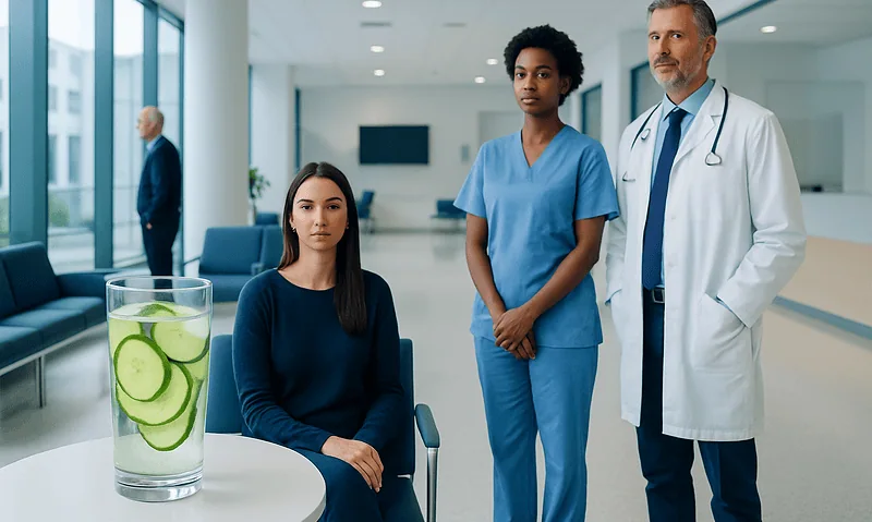 Patient in hospital waiting area with medical staff and cucumber water on table.