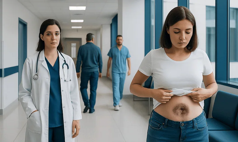 Young woman with abdominal discoloration in hospital corridor.
