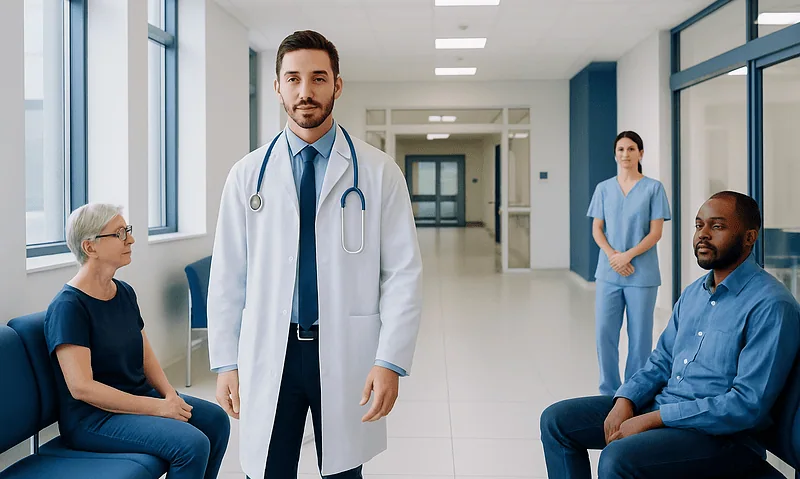 Medical team with doctor and patients in hospital corridor.