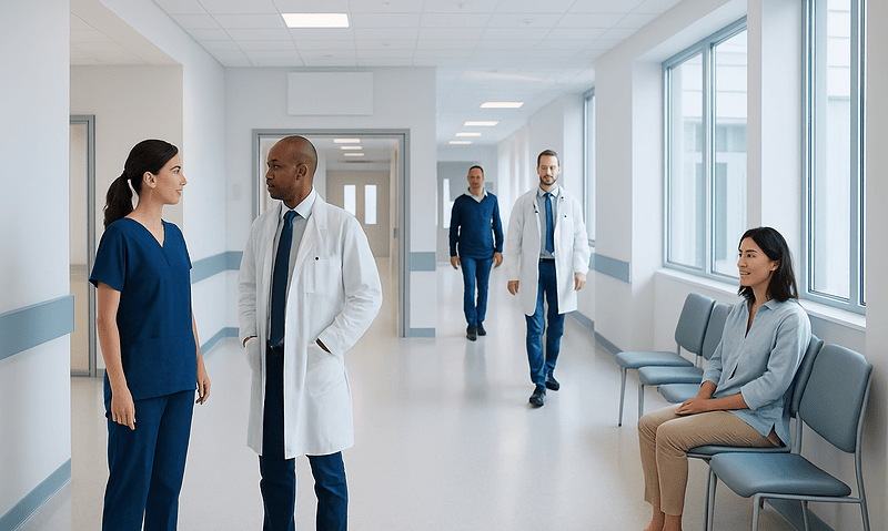 Medical professionals and patient in hospital corridor at Acibadem Hospitals Group.
