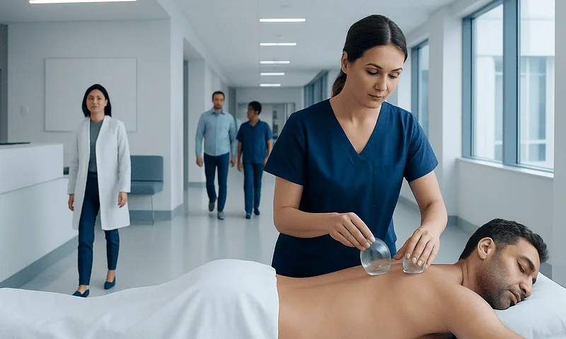 Medical professional performing cupping therapy on patient's back in hospital.