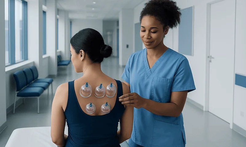 Health Library 17 Cupping therapy session at Acibadem Hospital with a healthcare professional applying cups.