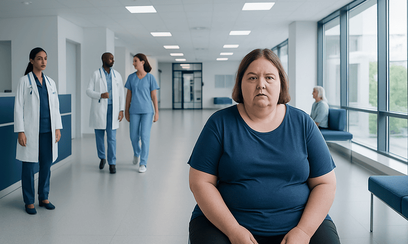 Patient waiting in hospital corridor with medical staff in background.