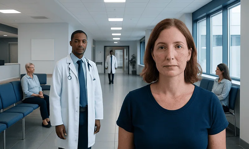 Patient in hospital corridor with medical staff and visitors.