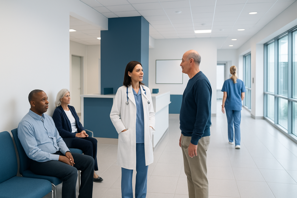 Cutaneous T Cell Lymphoma: Early Signs, Risk Factors, and How It Is Treated 1 Healthcare professionals and patients in a modern hospital corridor.
