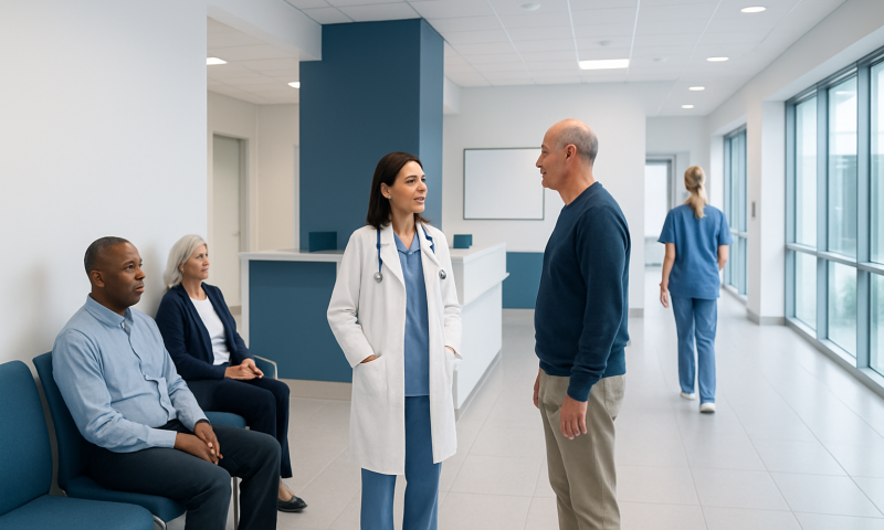 Healthcare professionals and patients in a modern hospital corridor.