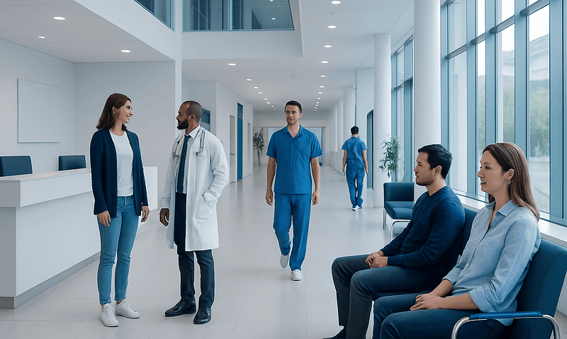 Hospital waiting area with medical staff and patients in a modern facility.