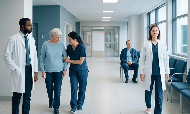 Medical team assisting a patient in a hospital corridor.