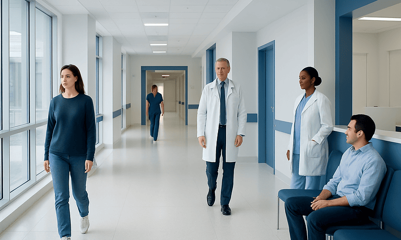 Healthcare professionals and patient in a modern hospital corridor.