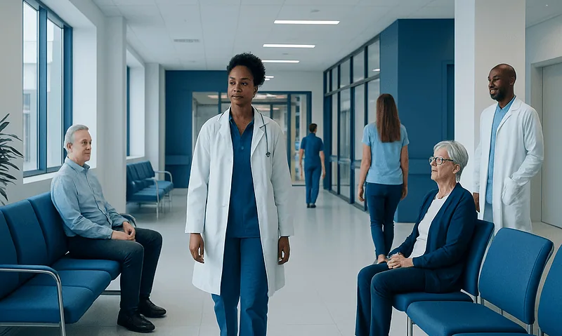 Healthcare professionals and patients in a modern hospital corridor.