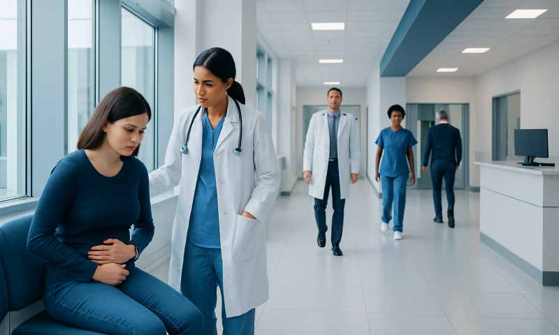 Doctor examining a patient in a hospital corridor at Acibadem Hospitals Group.