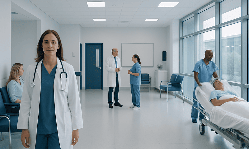 Medical team and patients in a modern hospital ward.