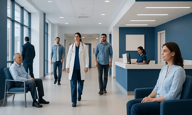 Modern hospital corridor with medical staff and patients at Acibadem Hospitals Group.