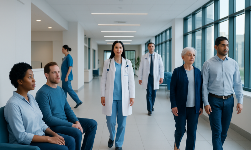Medical team walking in hospital corridor at Acibadem Hospitals Group.