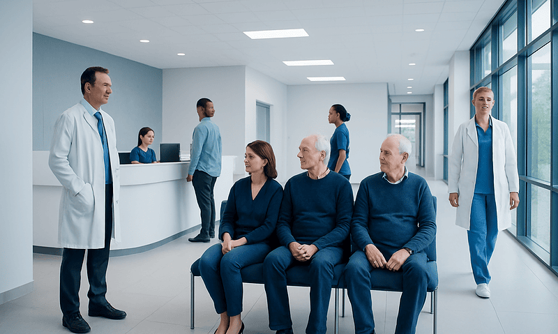 Hospital waiting area with patients and medical staff at Acibadem Hospitals Group.