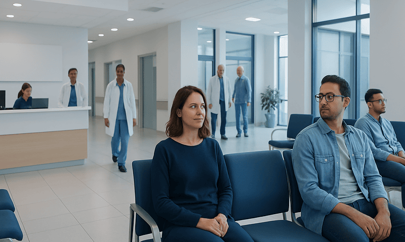 Patients waiting in a modern hospital lobby with medical staff in the background.