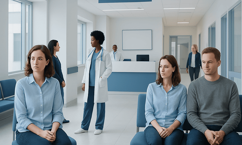 Patients waiting in a modern hospital reception area with medical staff nearby.