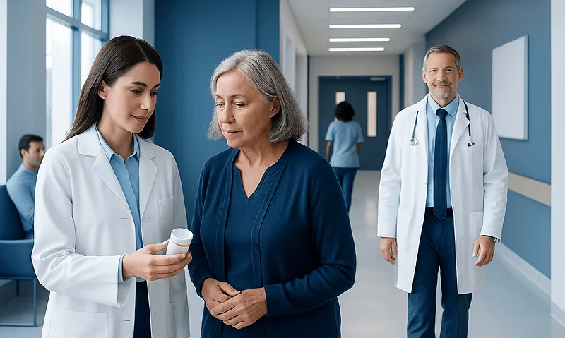 Doctor explaining medication to an elderly woman in hospital corridor.