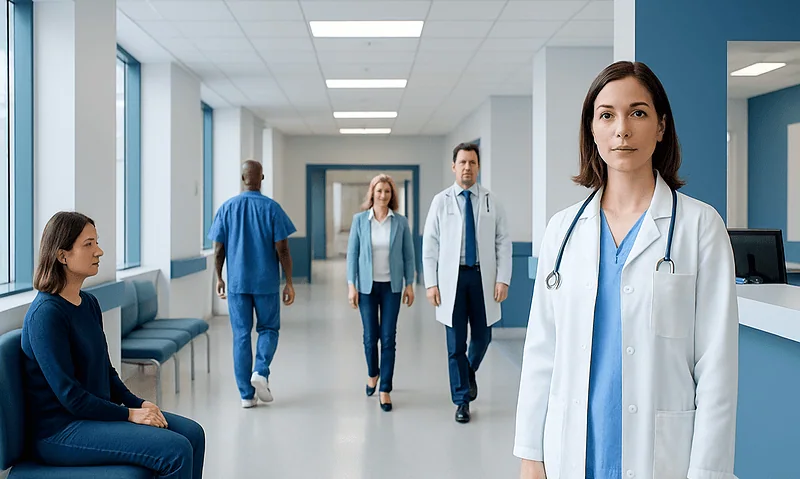 Healthcare professionals and patient in a hospital corridor.