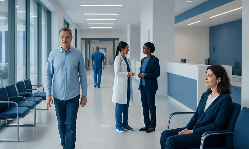 Hospital corridor with doctors and patients in a modern healthcare facility.