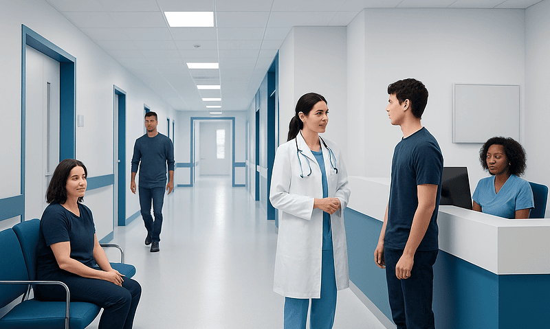 Medical professionals and patients in a hospital corridor.