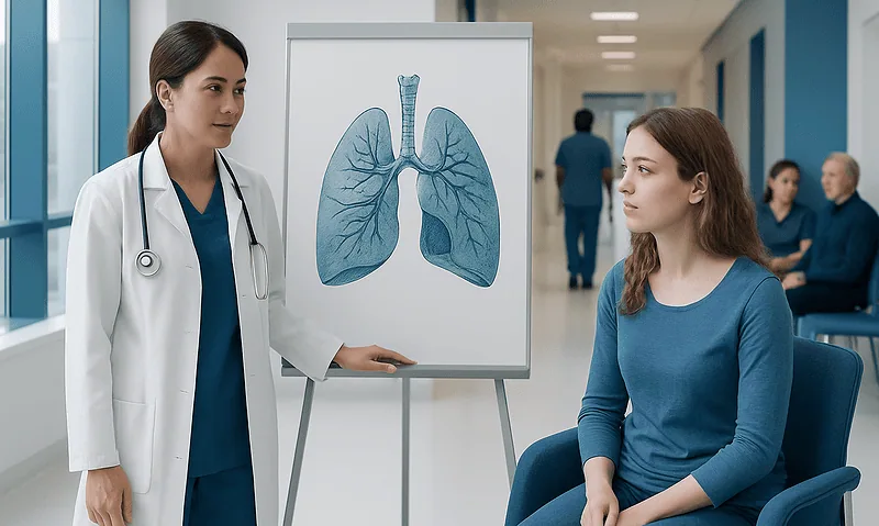 Doctor explaining lung anatomy to patient in hospital corridor.