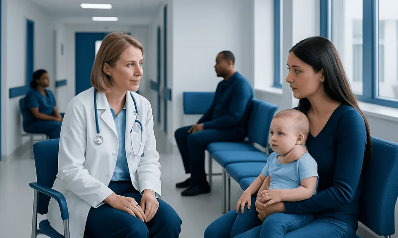 Doctor consulting mother and baby in hospital corridor.