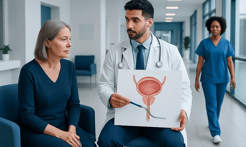 Urologist explaining bladder diagram to a patient in a hospital corridor.