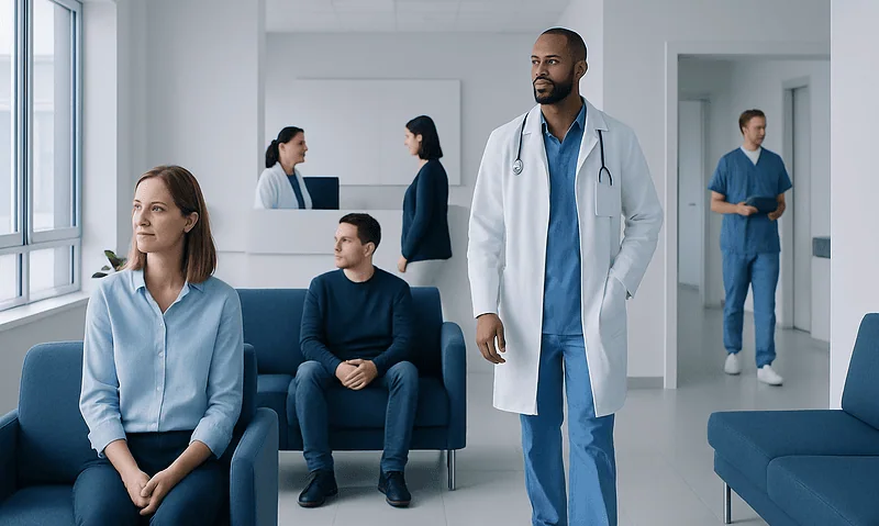 Medical team and patients in a hospital waiting area.