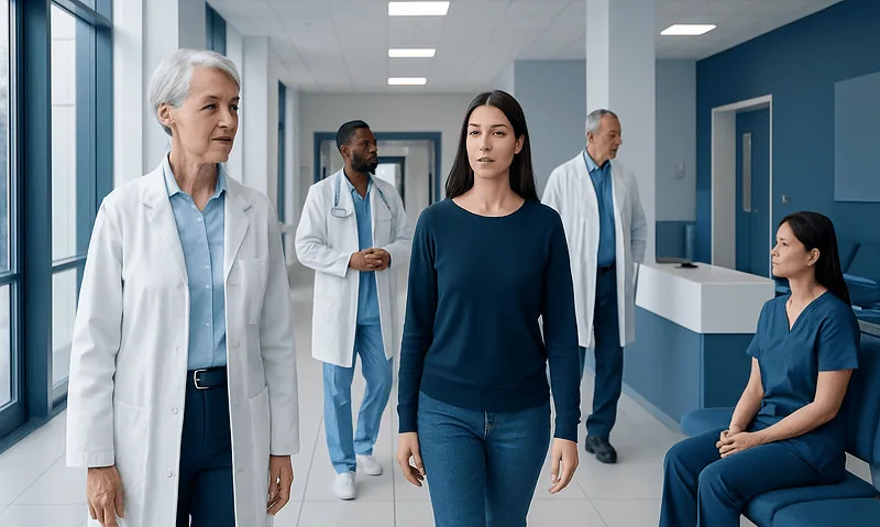 Medical professionals and a patient in a hospital corridor.