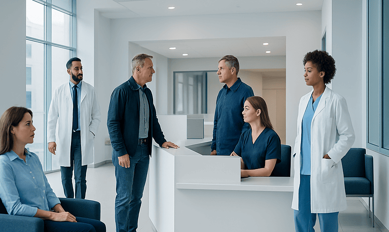 Medical team discussing patient care in a modern hospital reception area.