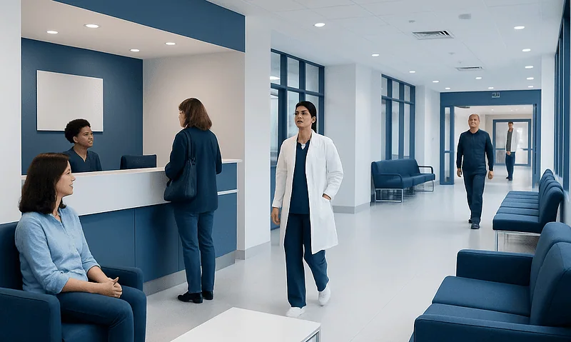 Modern hospital waiting area with medical staff and patients.