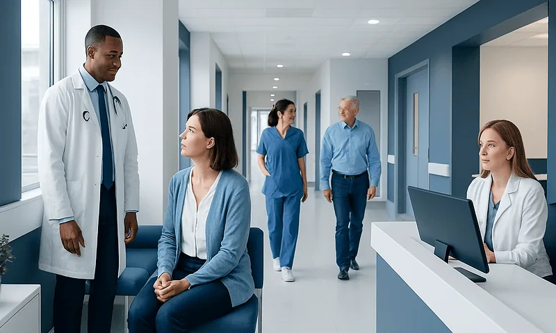Medical team discussing patient care in hospital corridor.
