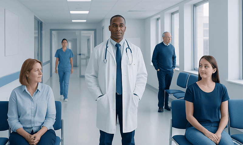 Medical team in hospital corridor with patients and staff.