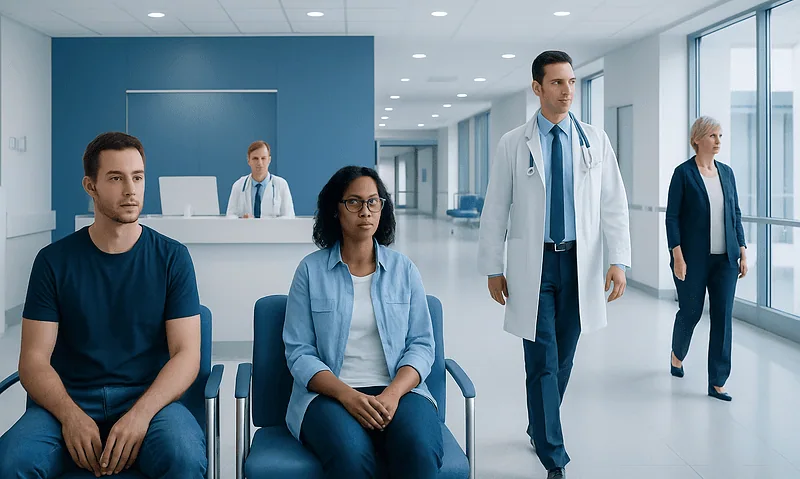 Patients waiting in a hospital corridor at Acibadem Hospitals Group.