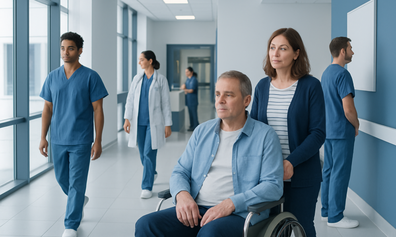 Hospital corridor with medical staff and a patient in wheelchair.