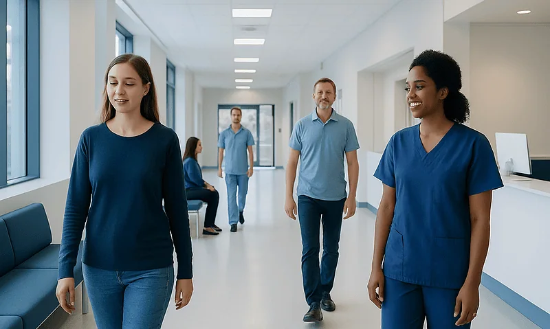Healthcare professionals walking in hospital corridor with patients and staff.