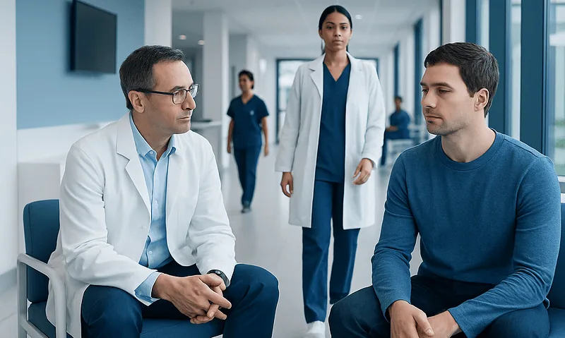 Medical consultation in a modern hospital corridor with doctors and patient.