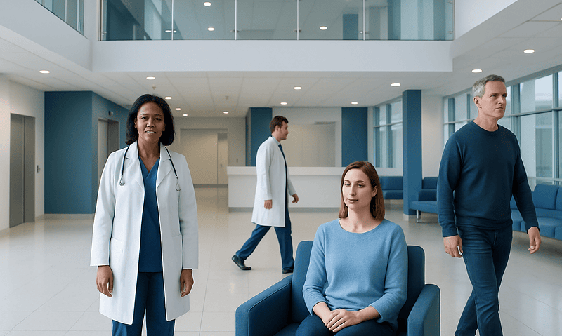 Modern hospital lobby with medical staff and patient seating area.