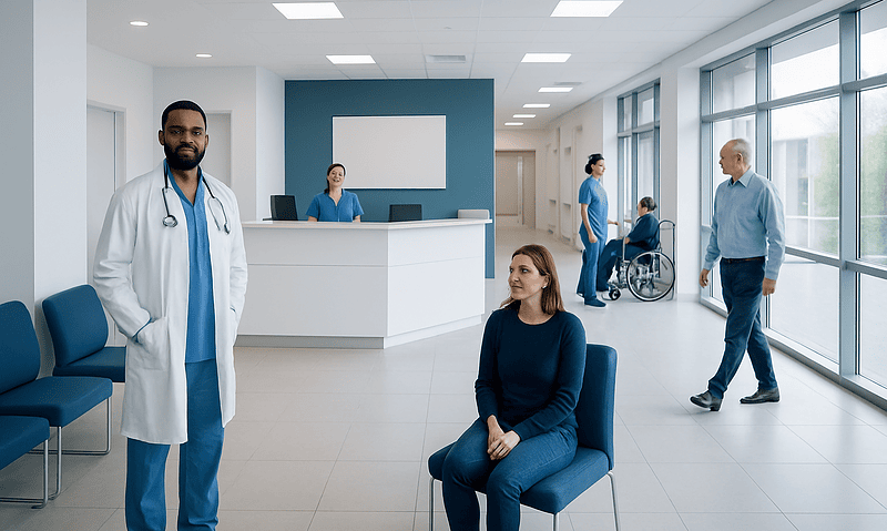 Modern hospital reception area with medical staff and patients.