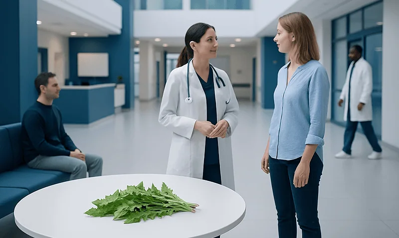 Doctor and patient discussing health in hospital lobby with dandelion leaves on table.