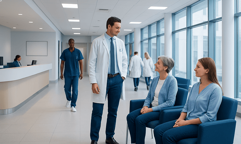 Hospital staff interacting with patients in a modern medical facility.