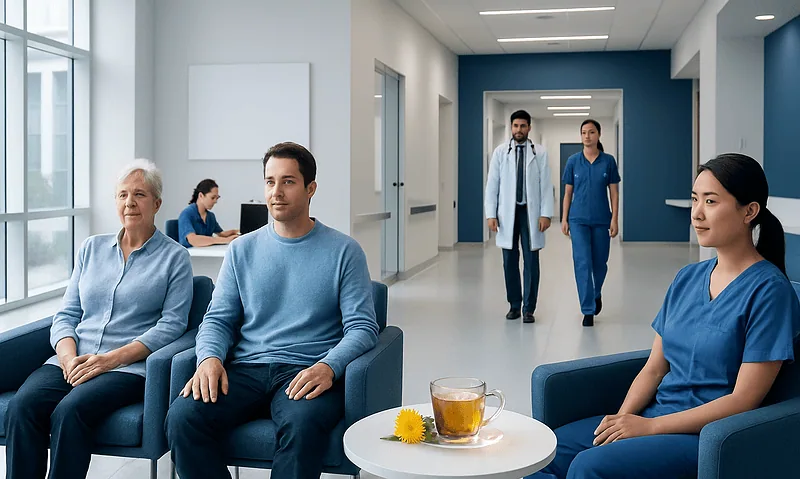 Patients waiting in a hospital corridor with medical staff nearby.