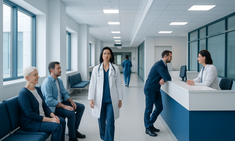 Healthcare professionals and patients in a modern hospital corridor.