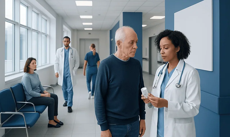 Doctor consulting elderly patient in hospital corridor with waiting area.