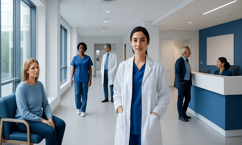Healthcare professionals and patients in a modern hospital corridor.