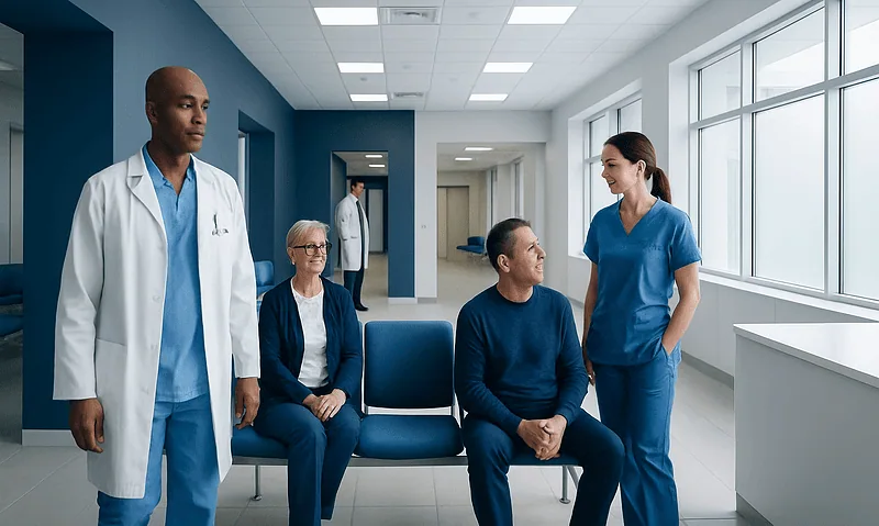 Daptomycin: What Patients Need to Know 12 Medical team consulting with patient in hospital corridor.